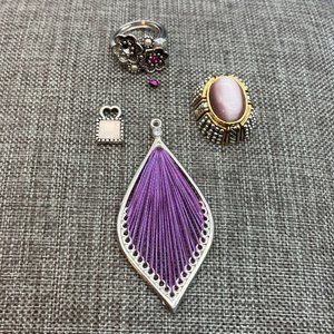 Pendant Ring Lot As Is DIY Craft Repurpose Upcycle Silver Gold Purple Flower